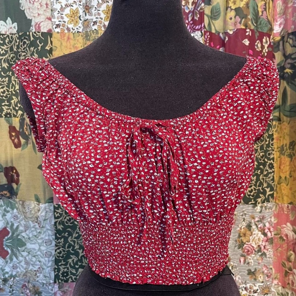 Brandy Melville Floral Red off the shoulder Smocked Crop Top
